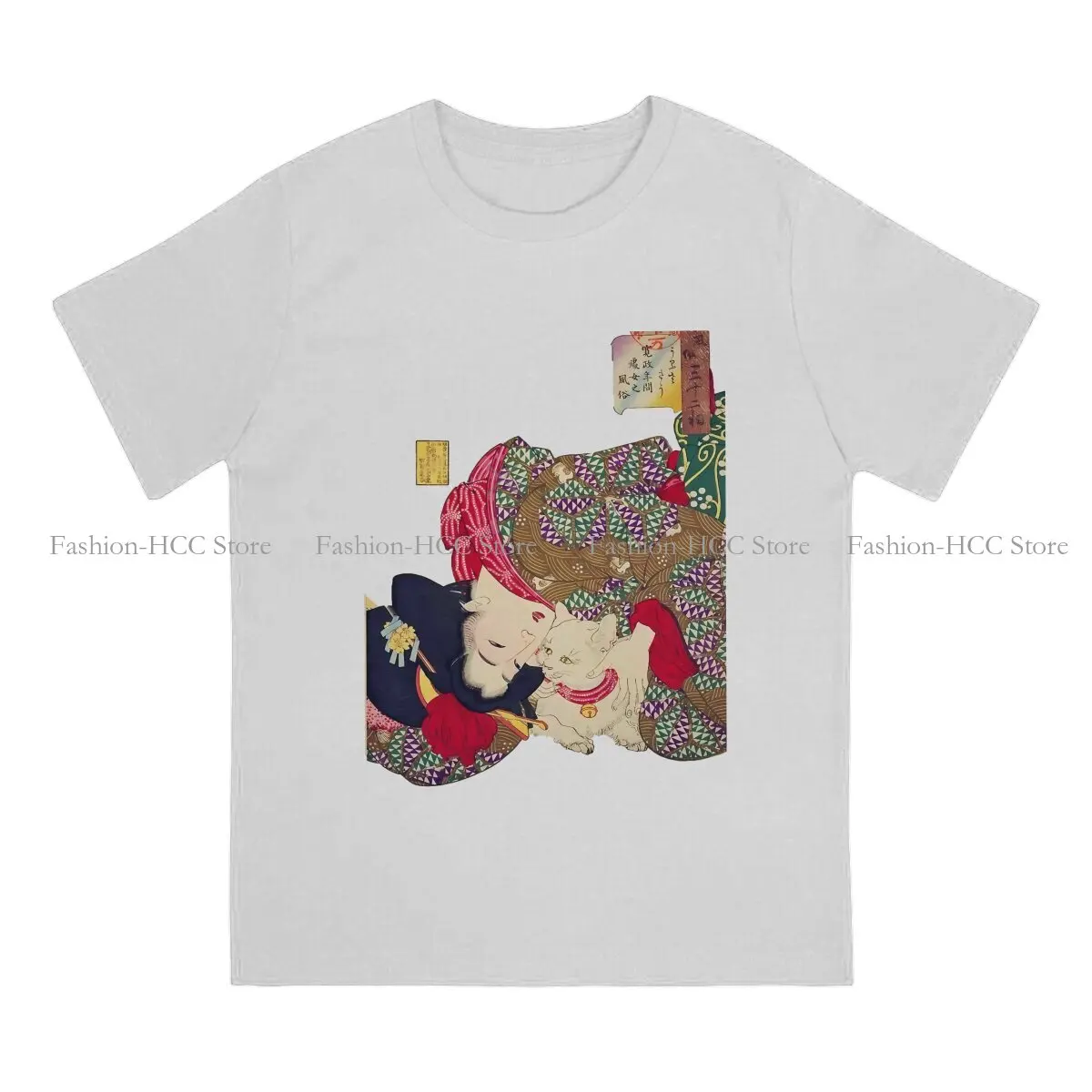 LOOKING TIRESOME WOMAN WITH CAT Newest Polyester TShirts Ukiyoe Japanese Art Male Style Streetwear T Shirt O Neck