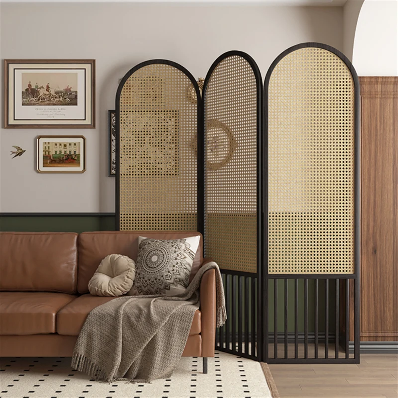 

French solid wood rattan partition screen living room simple wabi-sabi wind home stay B & B hotel foldable mobile