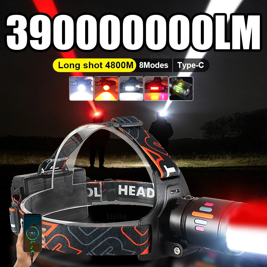 Latest Red/white Light LED Headlamp 3900000000LM High Powerful Rechargeable Head Flashlights 4800m Fishing Hunting Head Lantern
