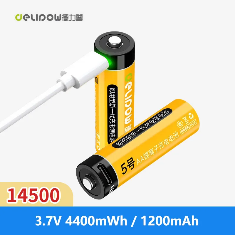 Delipow USB-Rechargeable 14500 Battery 3.7V 4400mWh 1200mAh Lithium Ion Battery For Flashlight AA-Size Not for 1.5V AA Devices