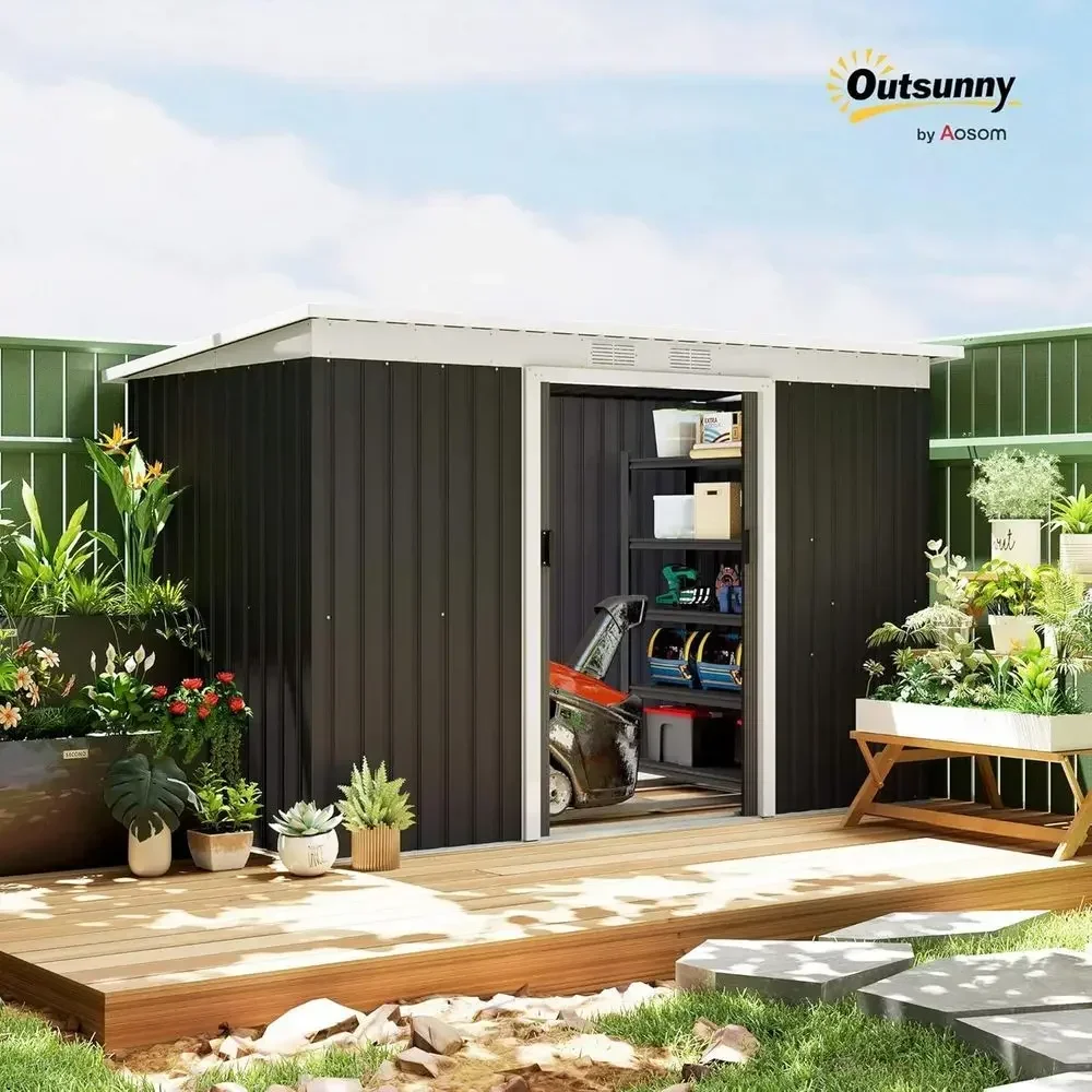 Gray Outdoor Storage Shed - 9x4 Metal Garden Tool House with Sloping Roof and Lockable Door