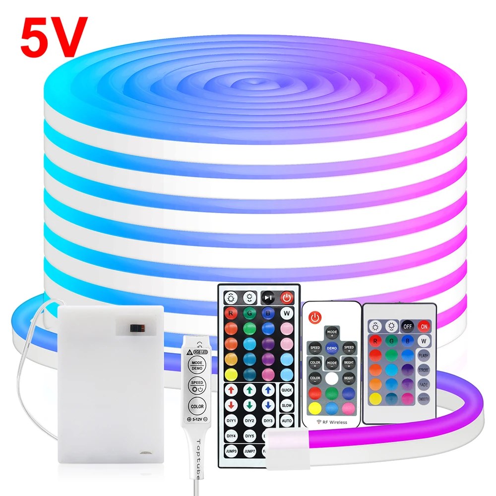 

5V Battery Box Power RGB LED Neon Light Strip Remote Control Kit Portable Lamp Flexible Tube Ribbon DC 0.5m 1m 2m 3m Home Decor