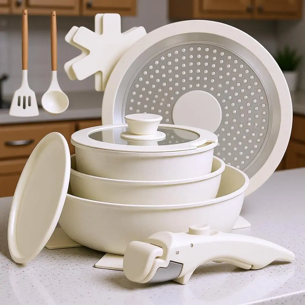 

10 pcs Pots and Pan Set Non Stick Detachable Handle, Cookware Set Stackable, Induction Kitchen Cookware Set RV, Dishwasher & Ove