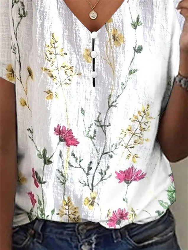 Tops estampados florales de manga corta con cuello en V para mujer, talla grande