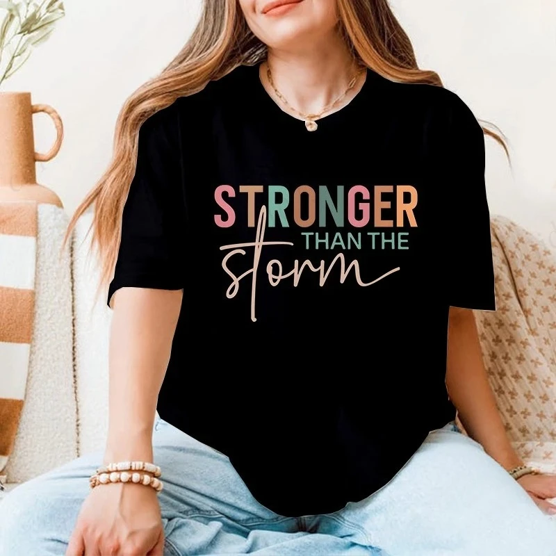 Stronger Than The Storm Motivational T-Shirt for Women Retro Color Block Typography Graphic Tee Casual Short Sleeve O Neck Tops