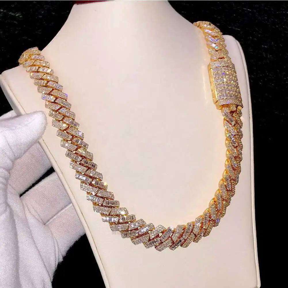 Bussdown Luxury Mix Cut Hiphop Chain 13mm Gold Plated Gra Certified Baguette Round Iced Out Moissanite Miami Cuban Necklace