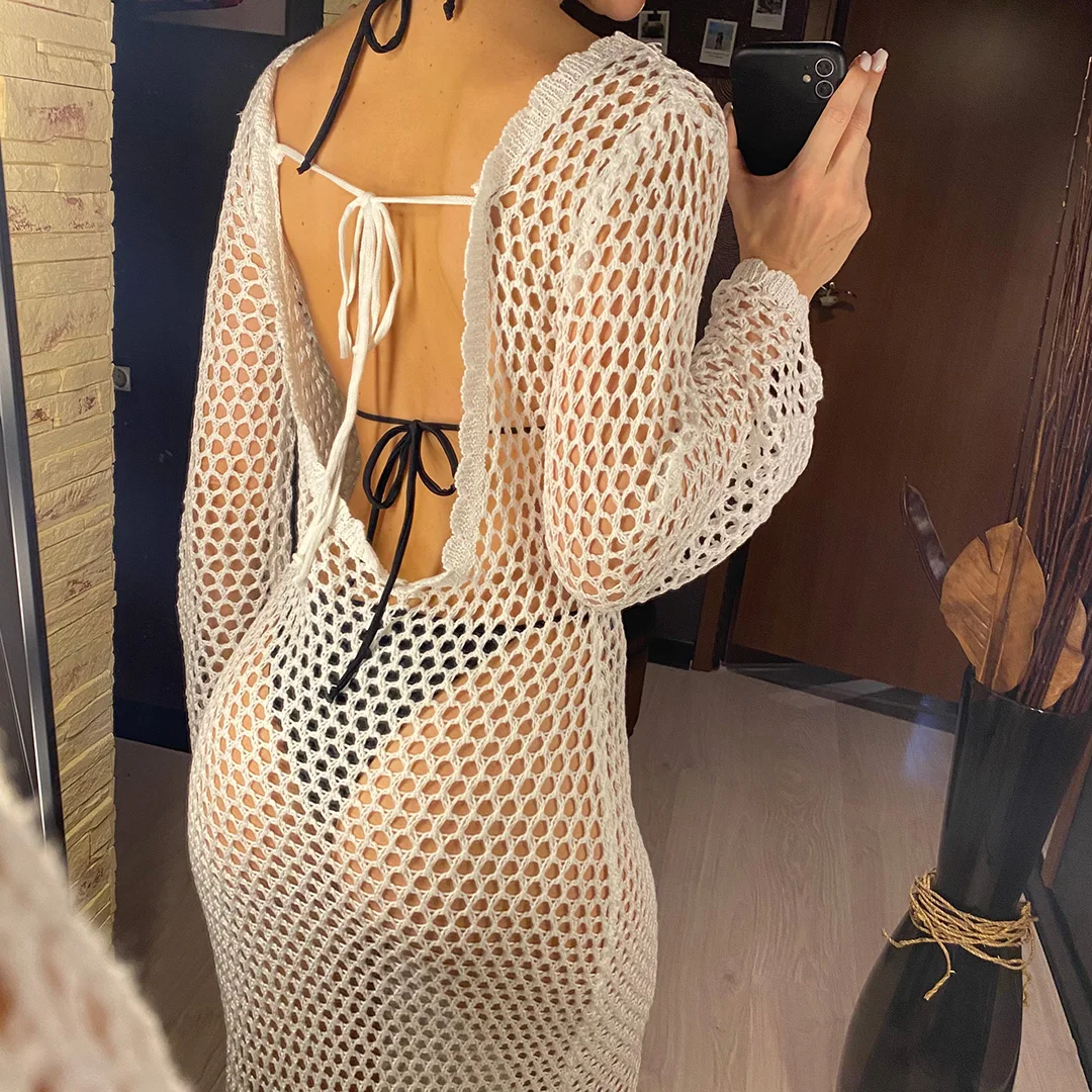 Neues, durchsichtiges, rückenfreies, gehäkeltes, gestricktes Tunika-Strandkleid, Strandkleid, Strandmode, Damen V5993 – Detail 9