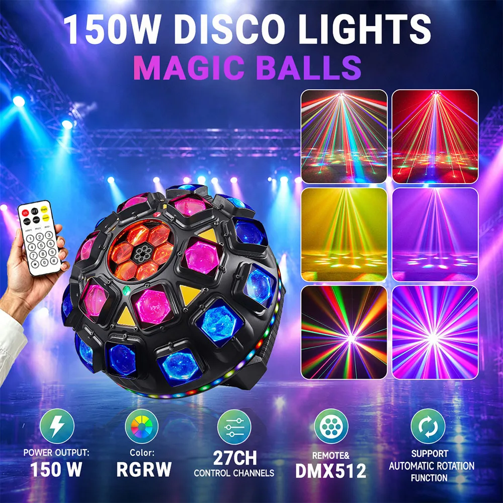 Magic Ball Disco Lights 150W RGBW 4IN1 Party Remote Control DJ Mobile Head Beam Stage Effect DMX512 For Club Events Xmas Bar