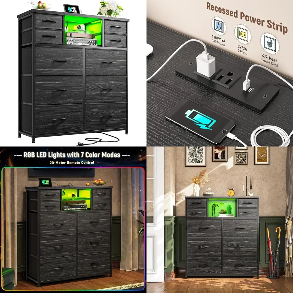 

10-Drawer Bedroom Dresser with LED Lighting and Power Outlet, Fabric Dressers and Chests with Open Shelves