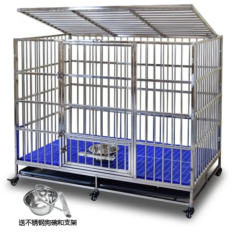 Stainless steel dog cage with toilet, small, medium, and large dog tray separation fence, indoor pet and household manure