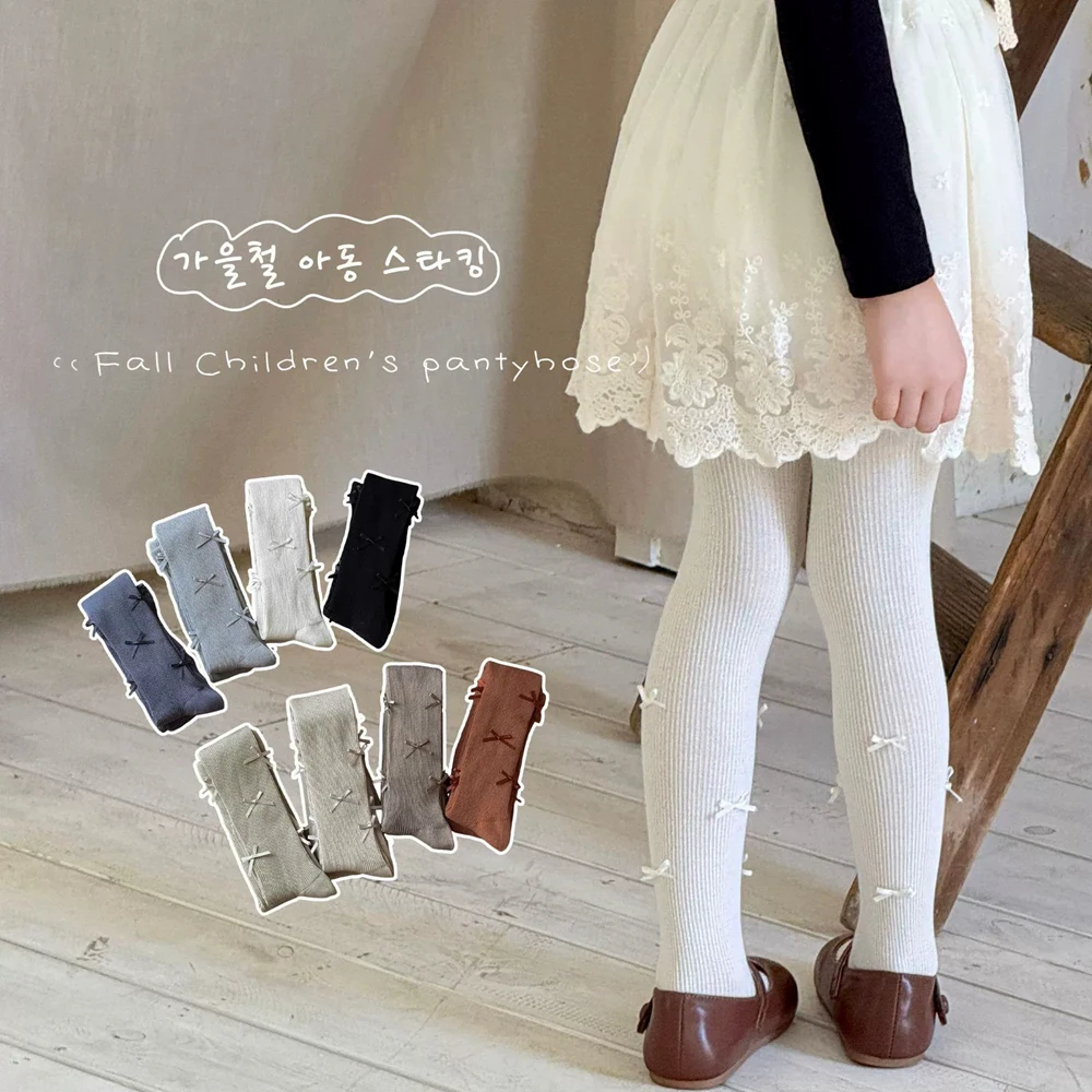 Girls Cotton Ribbed Tights with Bow Pantyhose for Kids Soft Stretchy Leggings Autumn Winter Stockings Ballet Style Photo Prop view 2