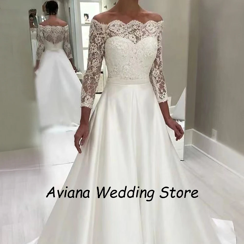 Customized Beads Long Wedding Dresses Elegant Satin Lace Floor-Length A-Line Sweep Train Bride Gowns Vestidos De Novias 2025