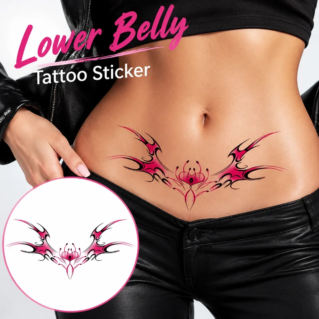 1 Sheet Per Pack Sexy Temporary Tattoo Sticker Pink and Black Waterproof Long Lasting Tribal Floral Waist for Women