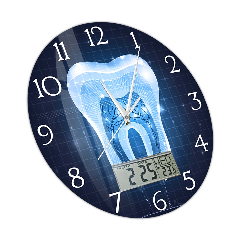 Dental Anatomy Wall Clock with LCD Calendar Thermometer Teeth Structure Decorative Hygienists Clock for Dentist Office Clinic