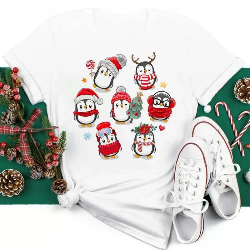 Funny  Men Women's Cute Penguin Printed T Shirt Merry Christmas Cartoon Graphic Print Top New Year Loose LeisureTshirt