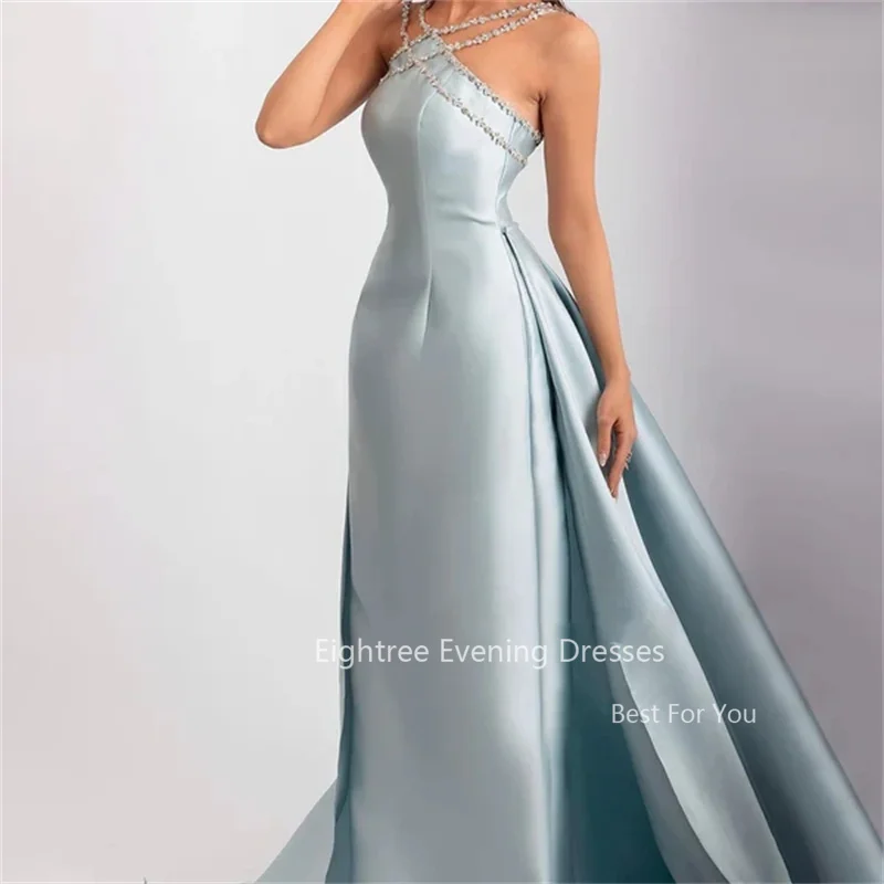 Eightree gaun malam biru langit elegan gaun Prom Halter Halter berkilau panjang lantai gaun pesta pengantin Halter lipit