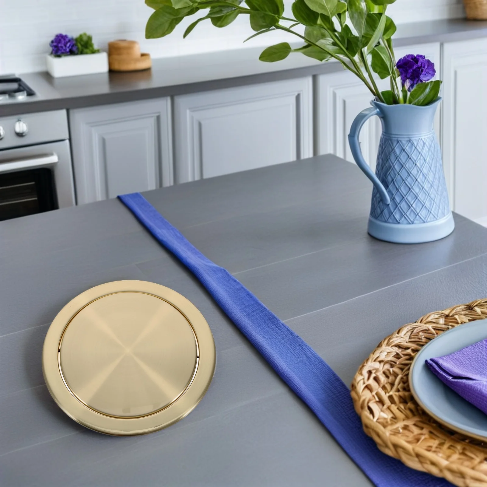 

Countertop Trash Bin Lid Stainless Steel Recessed Swing Flap for Kitchen Bathroom Compact Design Easy One Handed Operation