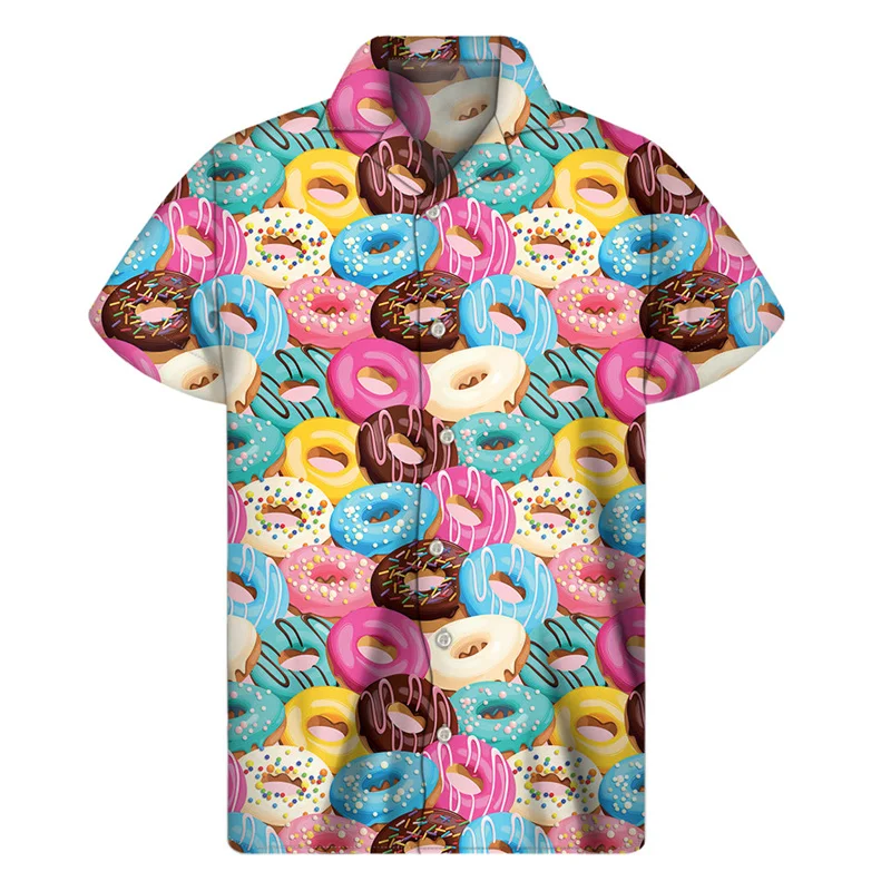 

New 3D Chocolate Donuts Cookies Print Shirt For Men Summer Hawaiian Shirts Tops Street Lapel Blouse Button Short Sleeves Clothes