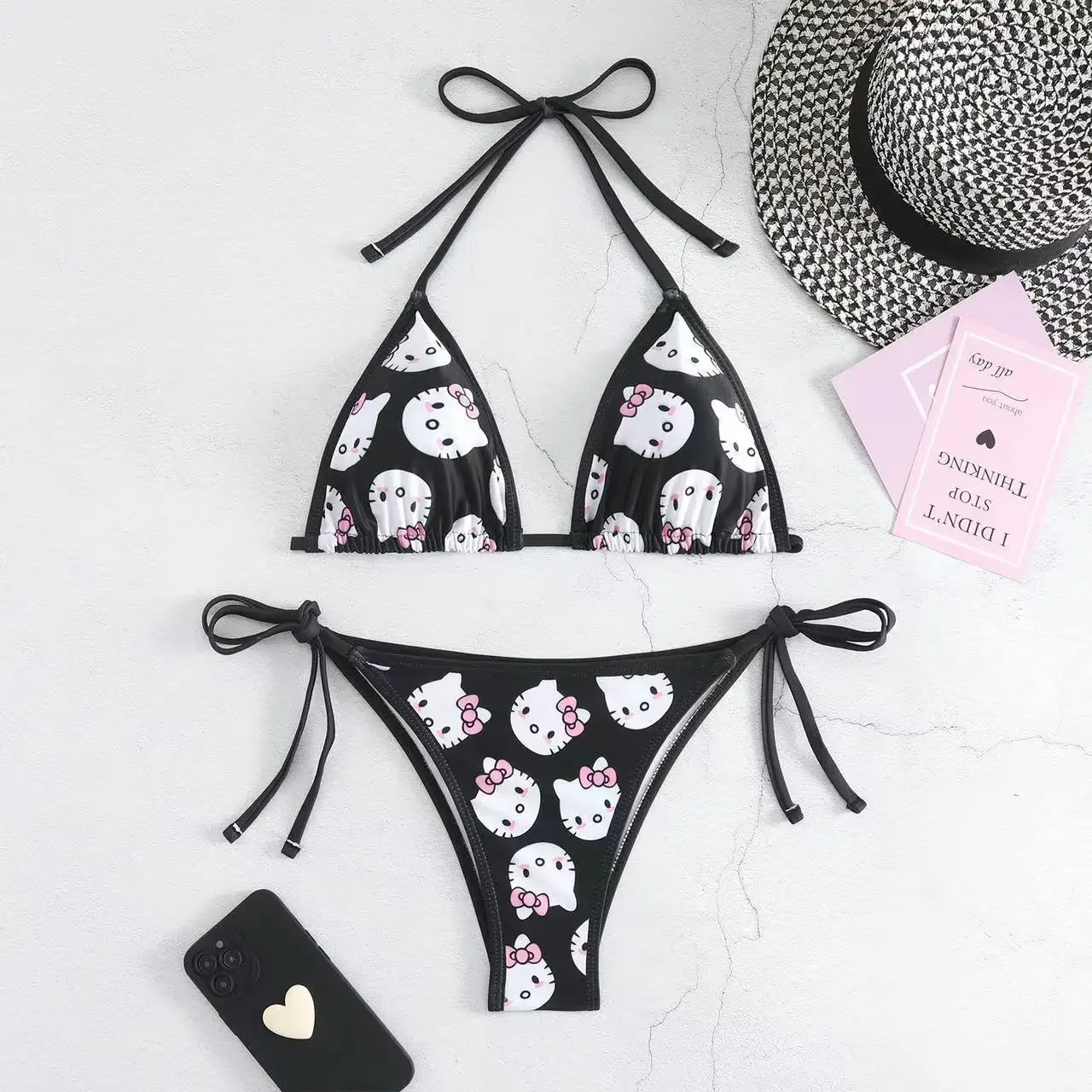 2Pcs HelloKitty Sanrio Bikini Set Cute Cartoon Y2K Summer Beach Soft Side Strappy Panties Sexy Bikini Kawaii Swimsuit Girl Gift