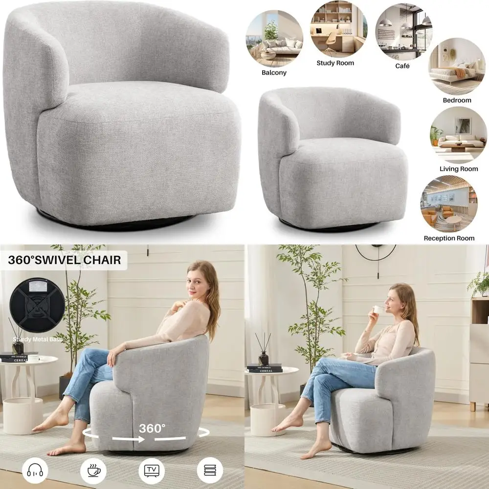 

Cozy Round Chenille Swivel Chair with Metal Base for Living Room or Bedroom in Light Grey