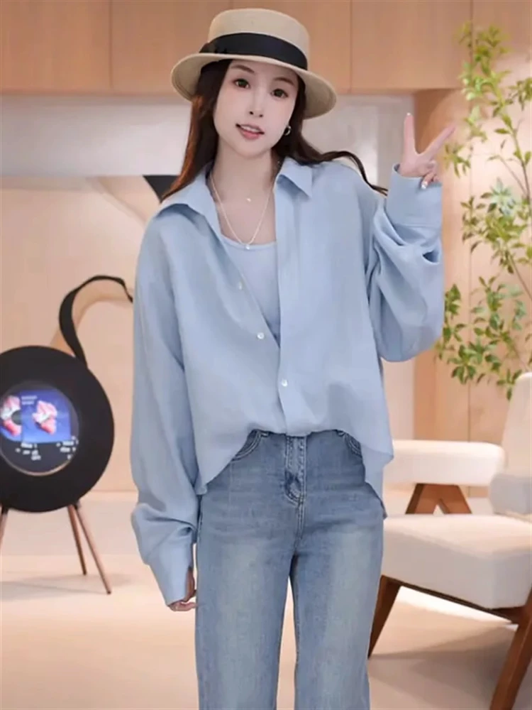

Aurora Blue Long Sleeve Shirt Women's Spring 2025 New Design Unique Beautiful Top Korean Style Loose Fit Button Pocket Detail