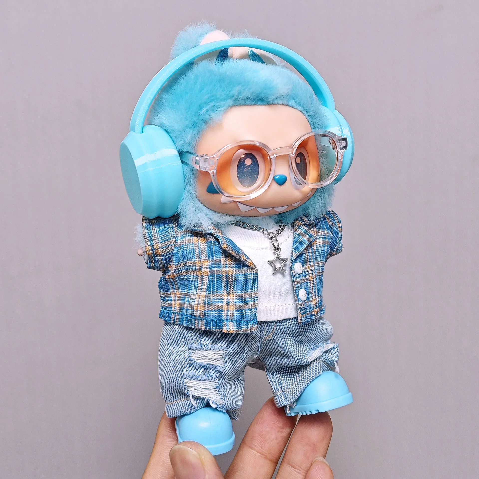 

High-quality for Labubu Kids' Clothing 15cm - 17cm Blue Checkered Shirt, Ripped Jeans Set, Labubu Universal Clothing