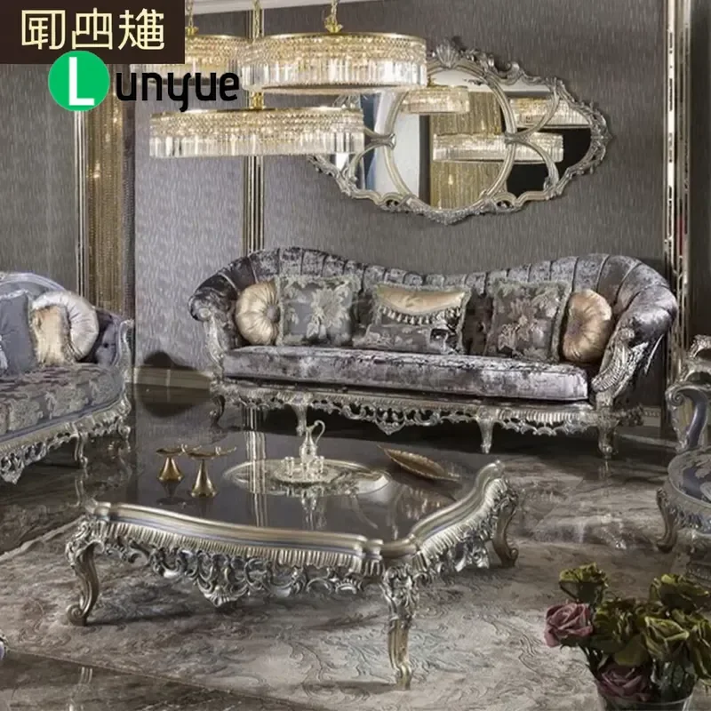 European Solid Wood Carved Floral Fabric Sofa Set Luxury French Court Style Living Room Furniture Elegant Home Decor
