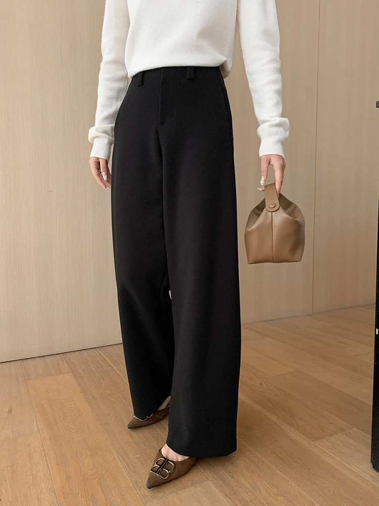 [LANMREM] High Waist Wool Wide Leg Pants For Women Soid Office Lady Straight Minimalism Loose Trousers 2024 Autumn New 26C193