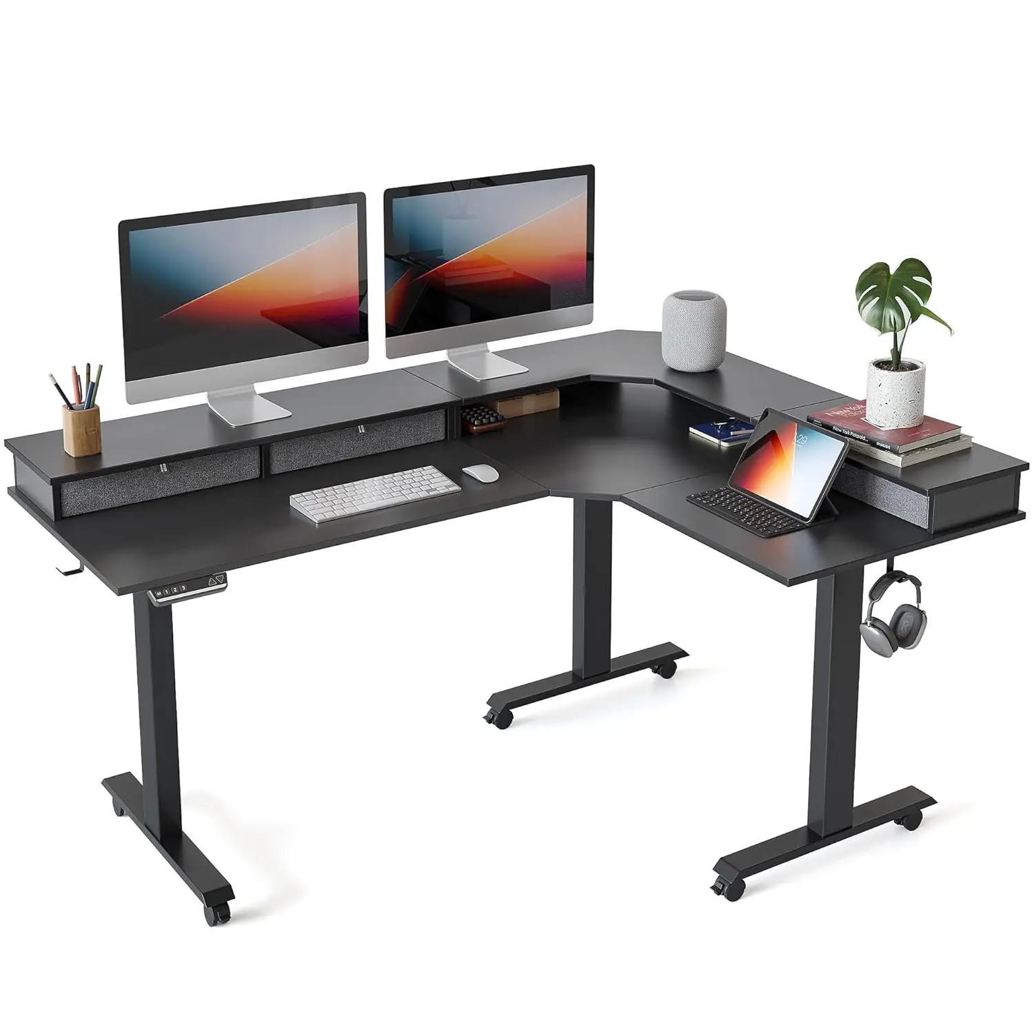 

Электрический угловой стол-трансформер с тремя моторами, регулируемой высотой, 63 дюйма, с 3 ящиками, для игр, на заказ