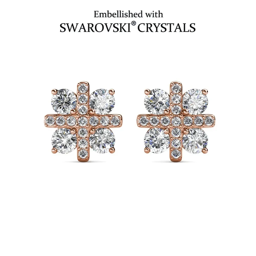 Daisini 18K Gold Plated Swarovski Crystal Cross Stud Earrings, Pave Setting Round Cut Jewelry Gift for Women