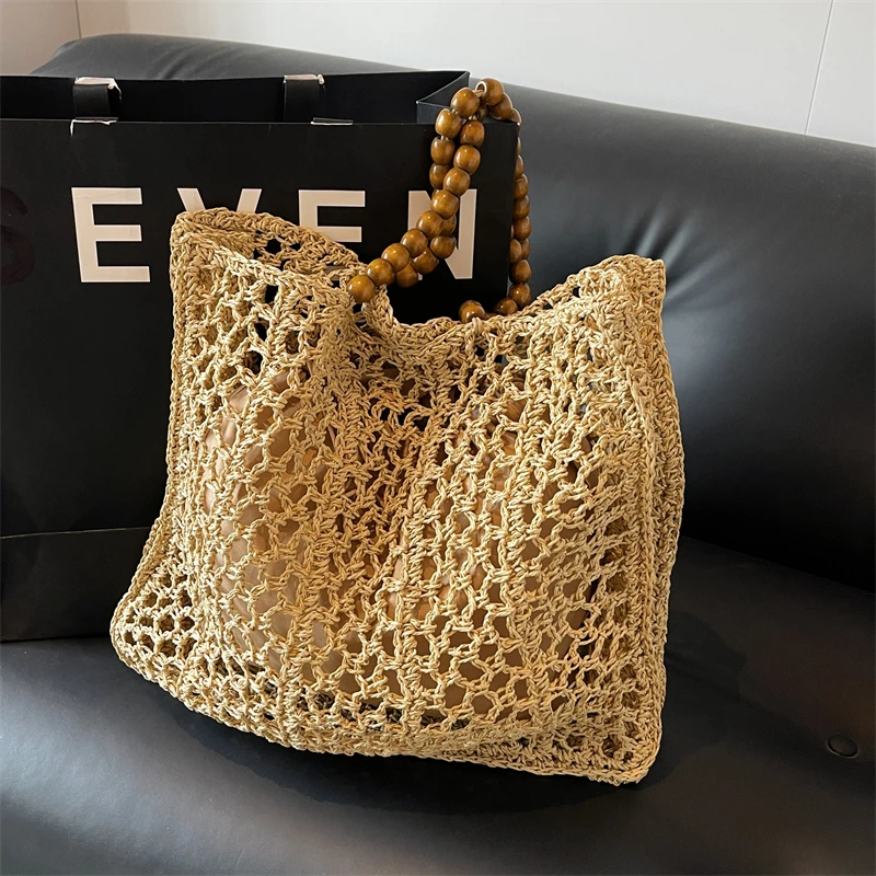 Khaki Hollow Straw Bag For Women 2024 Fashion Woven Handbag Eco Friendly Summer Shopping Bag Female Large Travel Beach Bag Tote