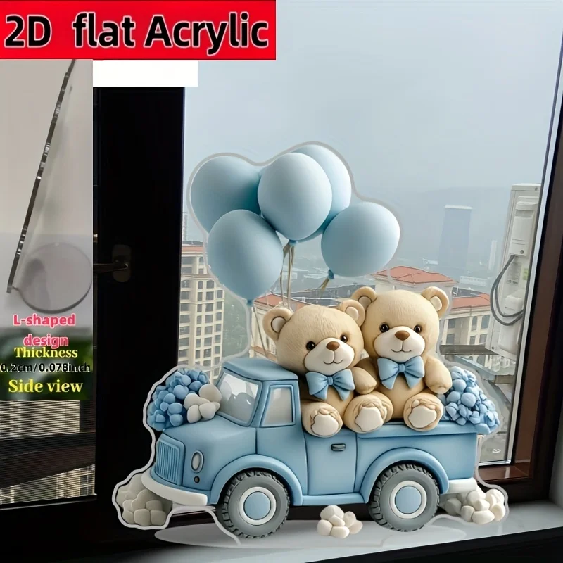 2D Flat Acrylic Tabletop Decor Sign Blue Truck Teddy Bear Balloon Acrylic Ornament Baby Shower Boys Room Desktop Acrylic Decor