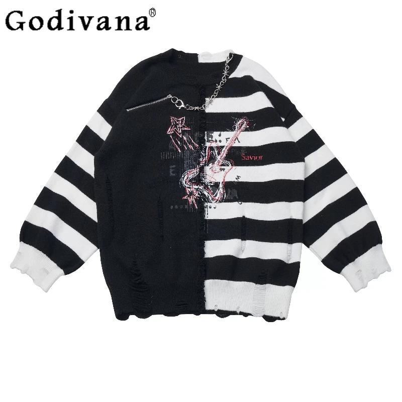 여성 일본 의상 스트라이프 비대칭 디자인 가을 겨울 스웨터 슬림 데님 스커트 세트 여성용 블랙 로리타 세트