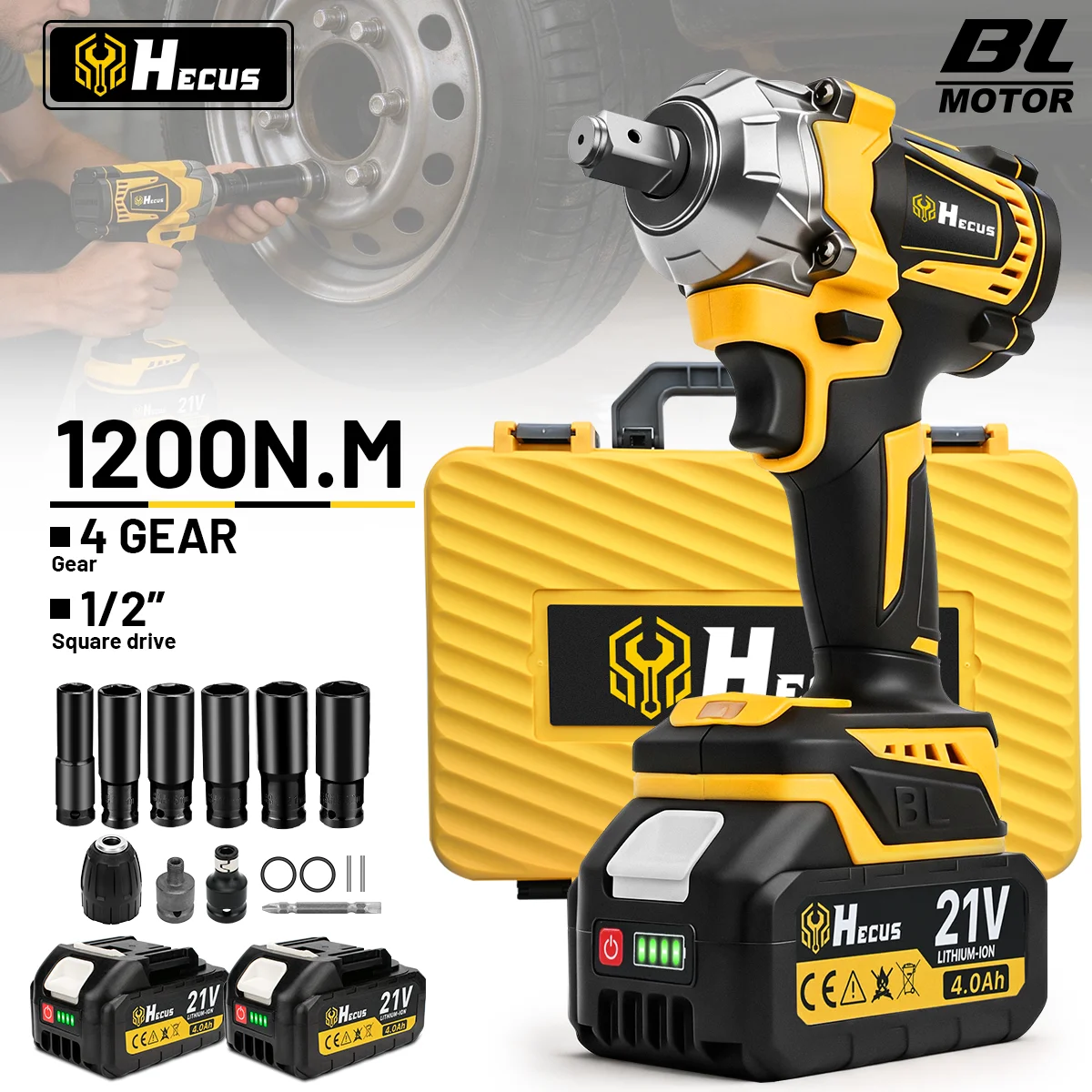 Clé à chocs électrique sans fil Hecus 1200N.M, 1/2 pouce, visseuse, perceuse à main, outil de réparation de pneus de voiture, compatible avec batterie Makita 18V