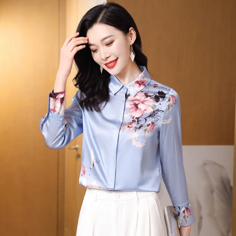 Luxury Mulberry Silk Satin Blouse Women 2026 Spring New Heavyweight Silk Elegant Workwear Long Sleeve Shirt Top