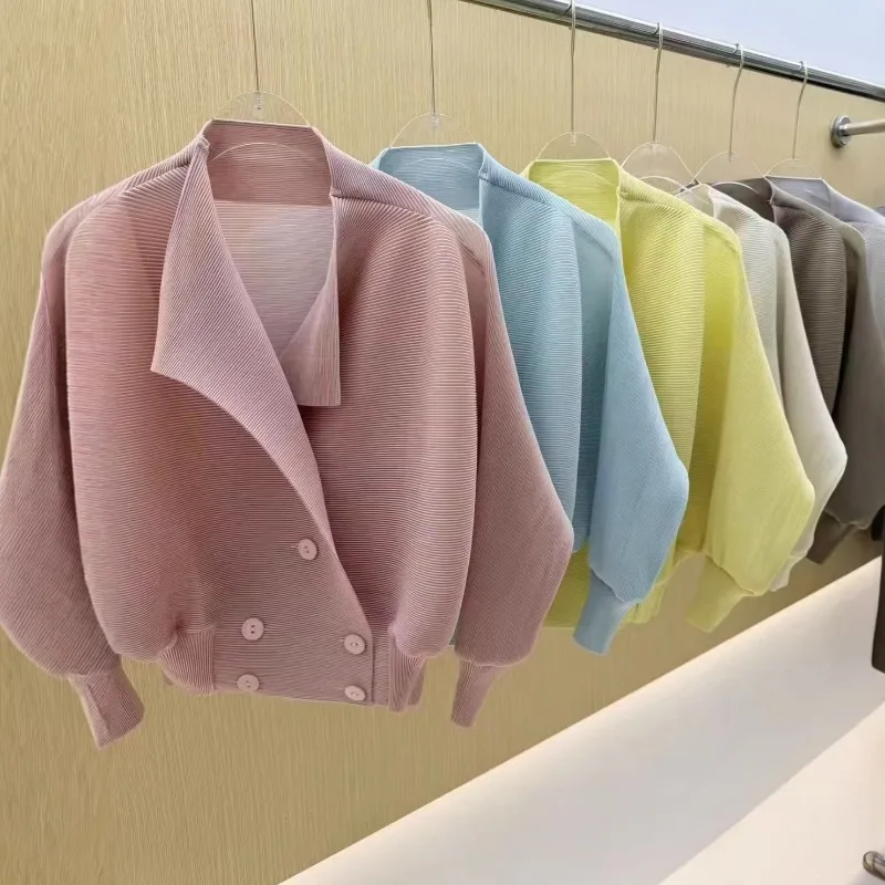 

Miyake Pleated 2026 New Spring Summer Double-Breasted Lapel Long Sleeve Cardigan Casual Waist-Cinched Short Jacket Top for Women