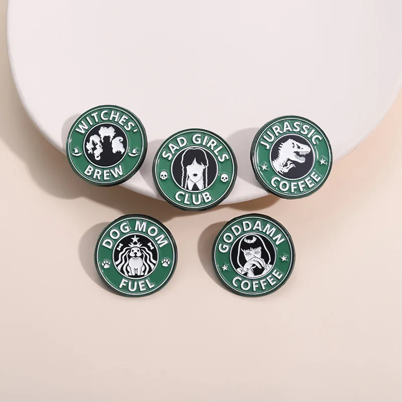 Jurassic Coffee Enamel Pin Dog Mom Fuel Sad Girls Club Round Brooches Lapel Backpack Badge Jewelry Gifts For Friends Wholesale