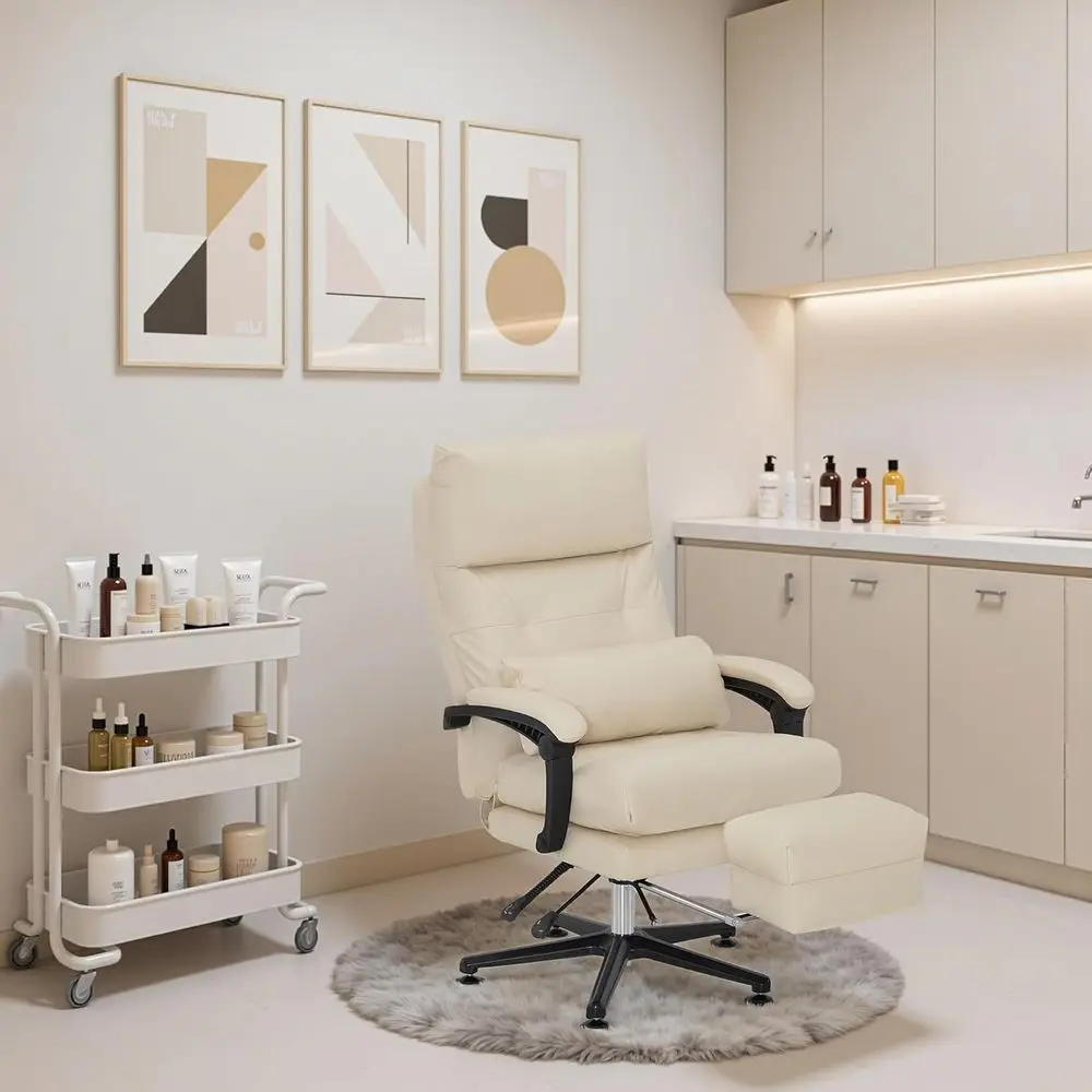 Cadeira de salão reclinável com apoio para os pés, 360 °   Cadeira giratória, altura ajustável, cadeira de cílios de couro sintético macio para tratamentos faciais, extensão de cílios