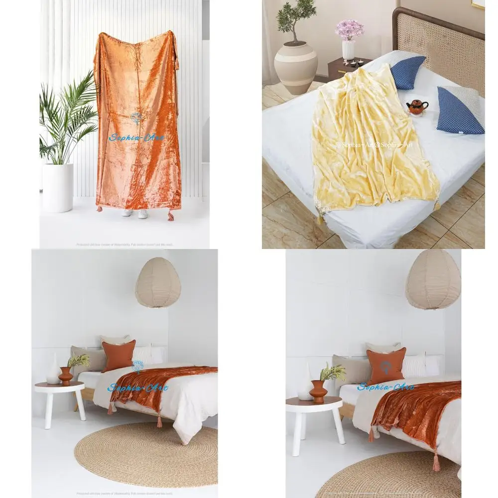 

Luxury Crushed Velvet Throw Blanket Tassels Sofa Bed Soft Blankets Boho Warm Cozy Plush Lightweight Pet-Friendly