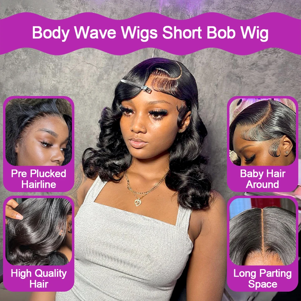 Peluca de encaje frontal HD 13x6 sin pegamento, cabello humano corto estilo bob, Body Water Wave, cabello virgen brasileño negro natural 3
