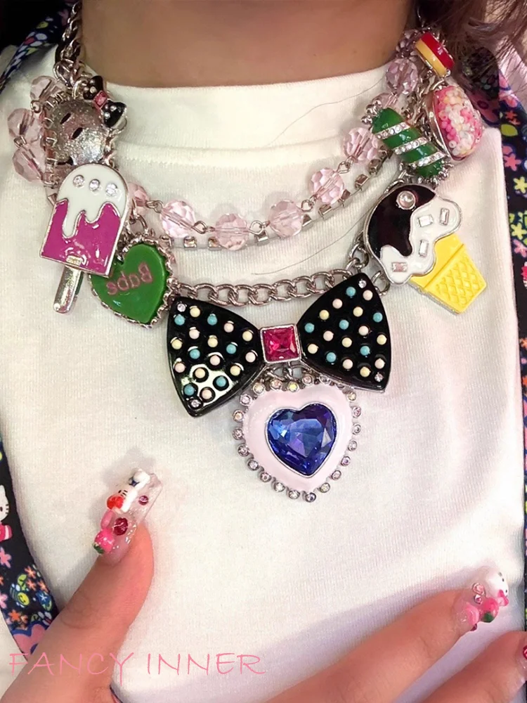 2025 New Y2k Necklace Bowknot Love Pendant Multiple Layer Beaded Cute Neck Accessaries for Women Girl Party Gift Jewelry