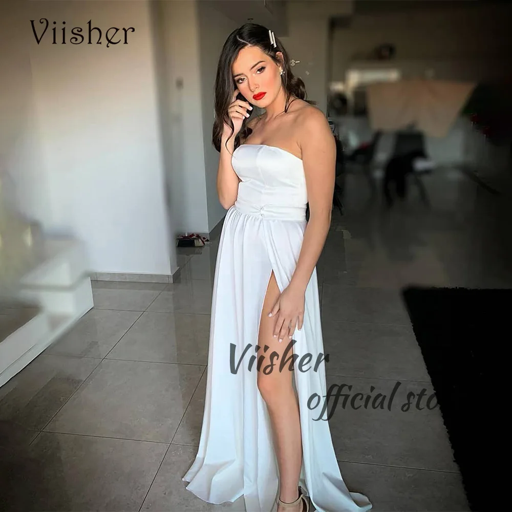 

Viisher White Satin Strapless Wedding Bridesmaid Dresses Side Split Long Elegant Bridal Gowns Floor Length Civil Bride Dress