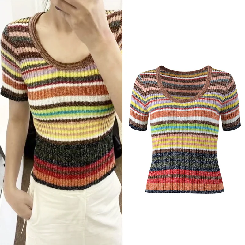 

High-End European Summer Faion Rainbow Stripes Color Blo ort Sve round Ne T-irt Slimming Knitted Top for Women