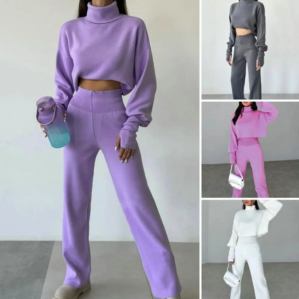 High Collar Top Set Women's High Collar Sweatshirt Wide Leg Pants Set for Fall Winter Sports Jogging 2 Piece Top Bottom Suit