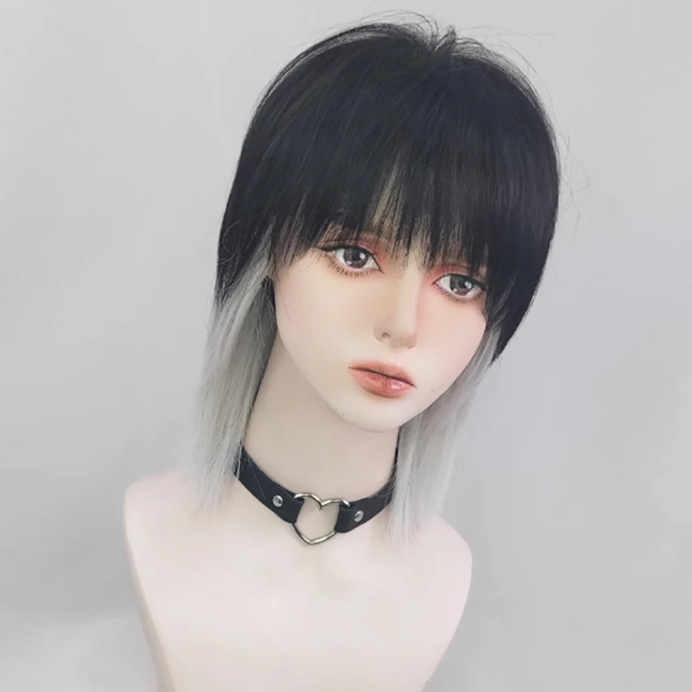 VICWIG Mullet Head Wig Synthetic Short Straight Black White Natural Lolita Cosplay Men Hair Wig for Daily Party