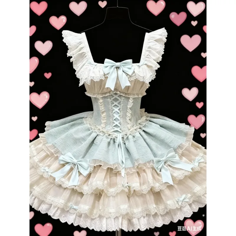 النمط الياباني Kawaii لوليتا فستان المرأة خمر الحلو مقوس دانتيل الكشكشة كعكة فساتين Harajuku Y2k سليم ضمادة فستان
