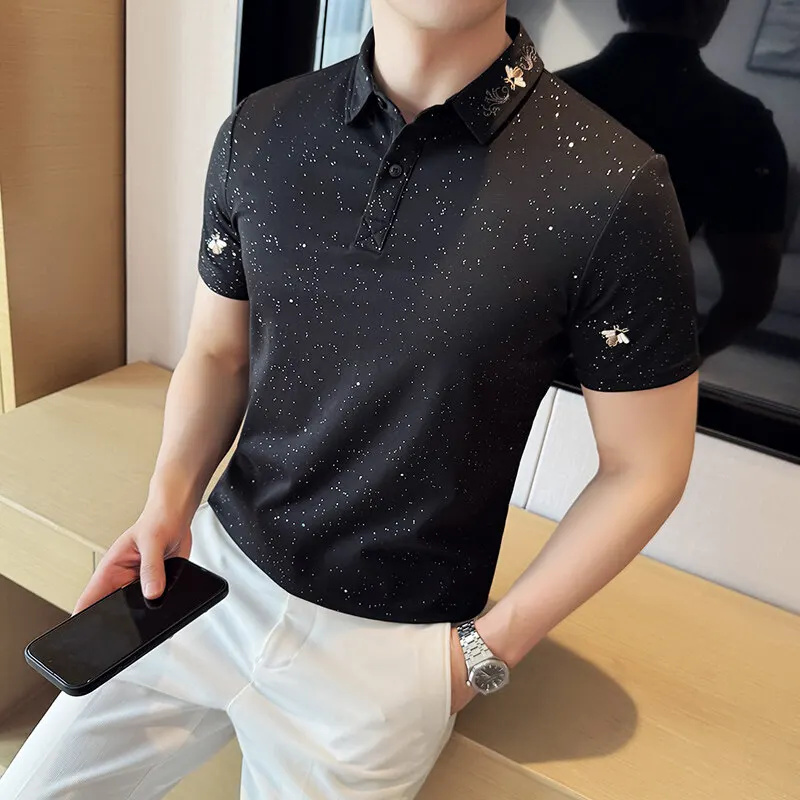 

Summer Bee Embroidered T-shirt Men's High Quality Lapel Casual Polo Shirt Short Sleeve Slim Fit Business Formal Social Polo Tee