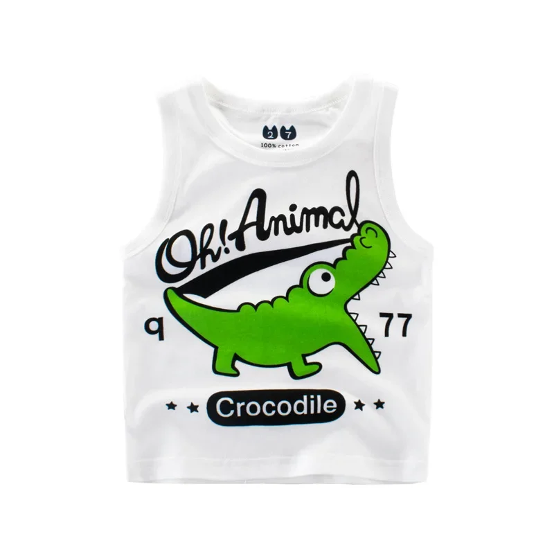 2024 Children Summer Cartoon T-shirt Boy Girl Cotton Sports Vest Dinosaur Shark Print Camisole Kids Casual Vests Outfits 2-10Y