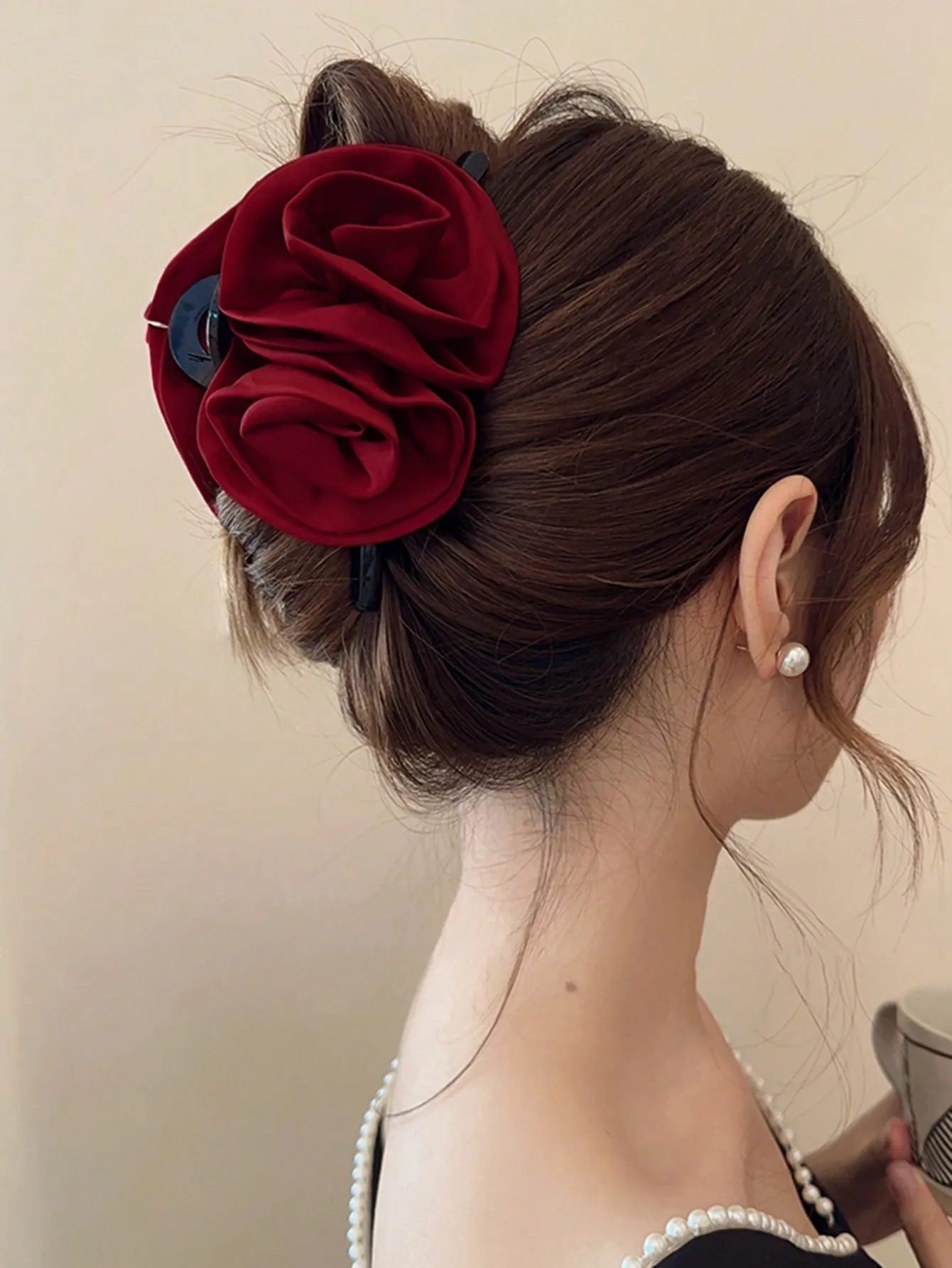 

1pc Women's Solid Satin Shiny Pleated Large Double-Sided Rose Flower Crossover Hair Clip, Elegant Sweet Campus Style