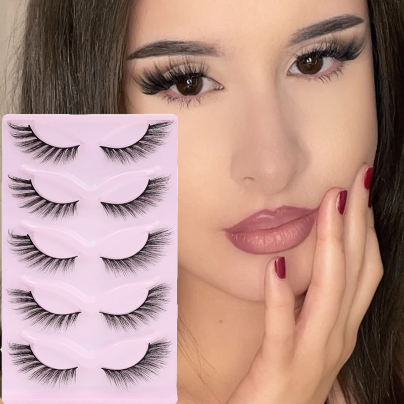 Metade Cílios Postiços, Soft Natural Cat Eye Lashes, Fofo Faux Cils, Maquiagem Ferramenta de Extensão, 5 Pares